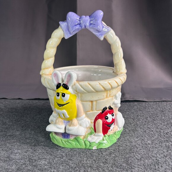 M&M Ceramic Easter Basket Vintage Yellow Red Easter‎ Bunny - Picture 1 of 15